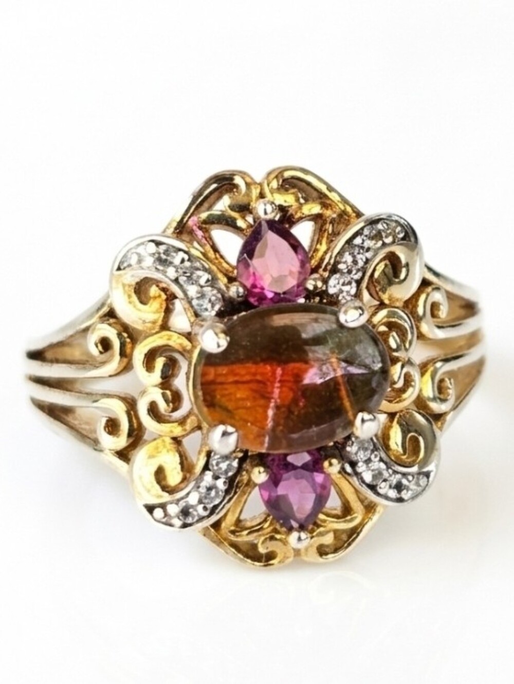 Rare Ammolite & Rhodolite Garnet & Diamond Ring 18k Yellow Gold Vermeil Sz 6